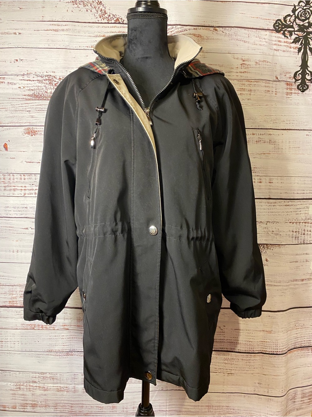 Nautica Black Hooded Parka Coat with Plaid Lining and Cream Trim Sz-M
